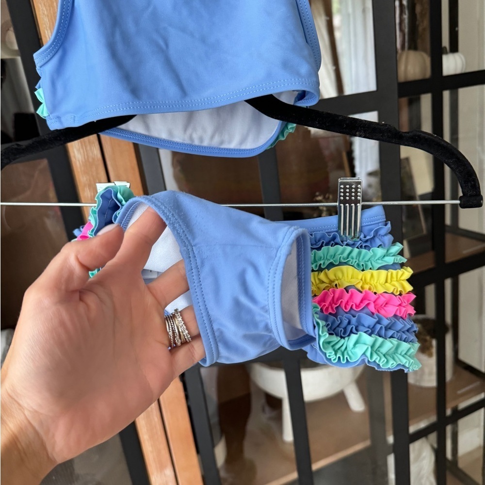 Flapdoodles bikini swimsuit set toddler girl ruffles colorful rainbow periwinkle - Picture 6 of 8